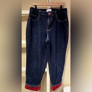 Lane Bryant Dark Blue Denim Jeans with Red Flannel cuff, Size 14